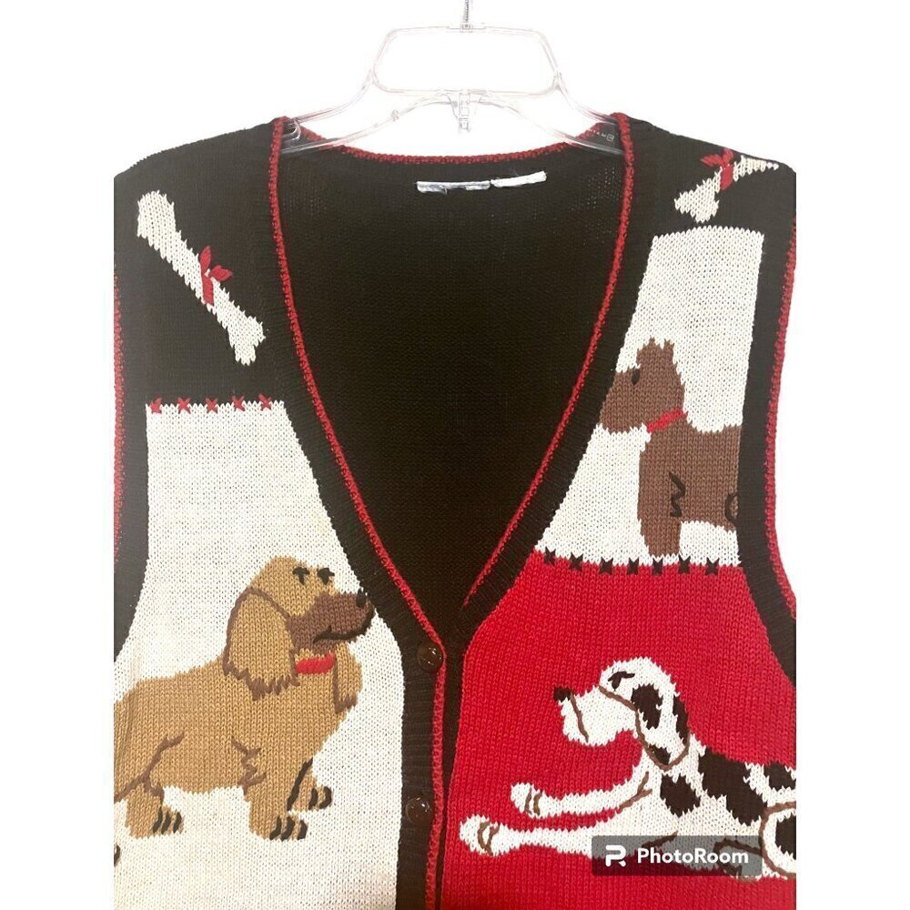 Vintage Sweater Vest L Cardigan Animals Dogs Dachsund Dalmation Scottie Mastiff - Picture 4 of 7